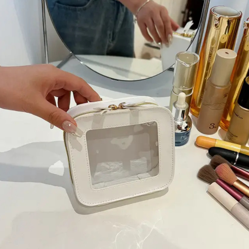 کیف آرایشی مینی شفاف  | کیف چرمی ضدآب مناسب کیف دستی و سفر سفید