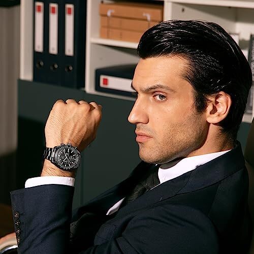 ساعت مچی مردانه BY BENYAR ساعت چند کاره کرونوگراف تاریخ کوارتز مردانه استیل ضد زنگ مشکی/بند چرم قهوه ای آنالوگ ساعت مچی هدیه برای مردان مشاغل معمولی Image