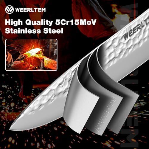 چاقوی سرآشپز WEERLTEM، چاقوی حرفه‌ای 8 اینچی با دست‌کوبی، چاقوی آشپزخانه ژاپنی با فولاد ضد زنگ کربن بالا و دسته میکارتا مشکی و جعبه هدیه. Image