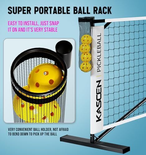 توری قابل حمل KASCEN Pickleball با چرخ - 22FT USAPA سایز تنظیمی توری Pickleball برای Driveway با نگهدارنده توپ، 4 Pickleball، کیف حمل برای فضای بیرونی سیاه سفید