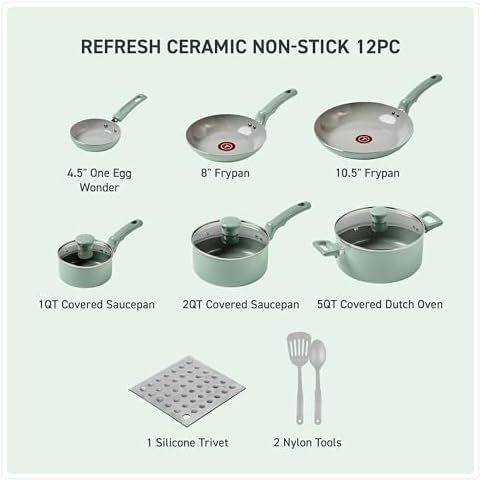 Tefal Ceramic Refresh, Ceramic Nonstick Cookware Set 12 Piece, Oven Broiler Safe 350F, Cookware, Kitchen Cooking Set w/Fry Pans, Saucepans, & Kitchen Utensils, Pots, Pans, Mint Green Image