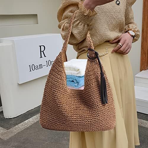 کیف دستی حصیری با ظرفیت بزرگ Aktudy، کیف دستی شانه ای توخالی برای زنان کیف ساحلی مسافرتی تابستانی Image