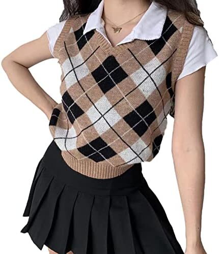 جلیقه ژاکت بافتنی Hyipels Argyle زنانه Y2K لباس بافتنی چهارخانه مدل لباس بافتنی Preppy Style V یقه تاپ تانک دخترانه Image