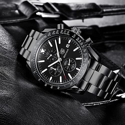 ساعت مچی مردانه BY BENYAR ساعت چند کاره کرونوگراف تاریخ کوارتز مردانه استیل ضد زنگ مشکی/بند چرم قهوه ای آنالوگ ساعت مچی هدیه برای مردان مشاغل معمولی Image