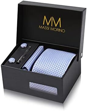 کراوات مردانه Massi Morino با ست مربع جیبی شامل دکمه سر دست، گیره کراوات و جعبه کادو - ست کراوات مردانه برای عروسی Image