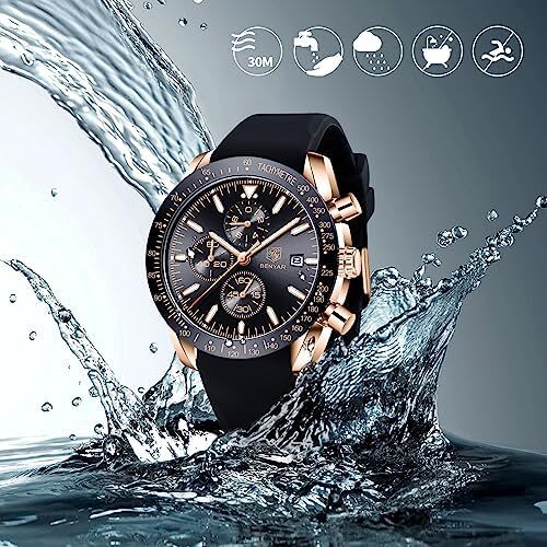 ساعت مچی مردانه BY BENYAR ساعت چند کاره کرونوگراف تاریخ کوارتز مردانه استیل ضد زنگ مشکی/بند چرم قهوه ای آنالوگ ساعت مچی هدیه برای مردان مشاغل معمولی Image