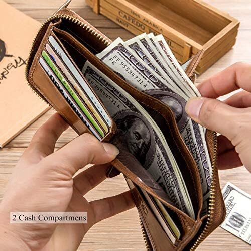 کیف پول مردانه RFID چرم اصل BULLCAPTAIN با ظرفیت بزرگ کارت شناسایی با جیب سکه زیپ QB-231، قهوه ای، کوچک، مینیمالیستی Image