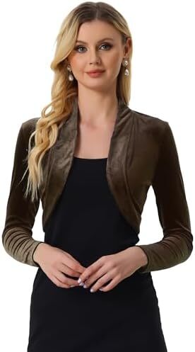 Allegra K Women's Long Sleeve Shrug Velvet Open Front Cropped Bolero Cardigan for Dresses Image