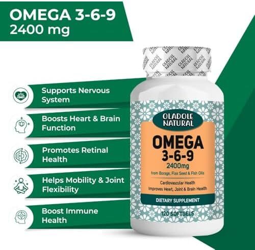 مکمل طبیعی امگا 3-6-9 اولادوله - 2400 میلی‌گرم (120 کپسول نرم) تقطیر مولکولی | بهبود سلامت قلب، عملکرد شناختی و حمایت از مفاصل | فرمول اسیدهای چرب ضروری | بدون گلوتن، غیرتراریخته Image