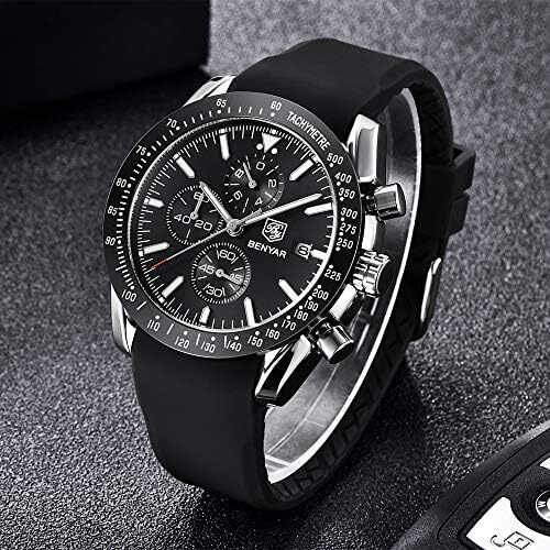 ساعت مچی مردانه BY BENYAR ساعت چند کاره کرونوگراف تاریخ کوارتز مردانه استیل ضد زنگ مشکی/بند چرم قهوه ای آنالوگ ساعت مچی هدیه برای مردان مشاغل معمولی Image