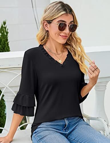 TFSDOD زنانه یقه V یقه 3/4 تاپ آستین زنگ دار یقه یقه دار پیراهن آستین دار یقه دار بلوزهای گشاد تابستانی تابستانی Image