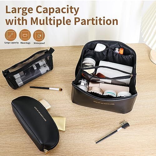 کیف لوازم آرایش مسافرتی 3 عدد کیف لوازم آرایشی قابل حمل زنانه با ظرفیت بالا مجموعه کیف سازمان دهنده کیف آرایشی تخت از 3 عدد کیف آرایشی ضد آب چرم PU با تقسیم کننده و دسته، مشکی، کیف های آرایشی Image