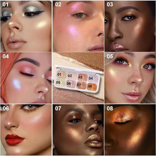 پالت آرایشی با هایلایتر صورت 8 رنگ، پودر هایلایت چند رنگی Shimmer Glitter، همه سایه های درخشان را می توان لایه لایه یا به صورت جداگانه پوشید تا ویژگی های چهره شما را تقویت و روشن کند.