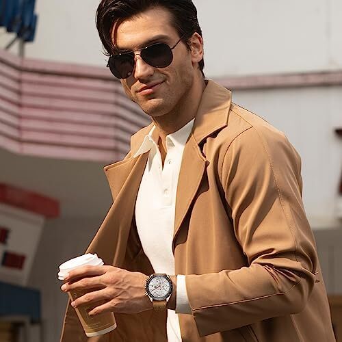 ساعت مچی مردانه BY BENYAR ساعت چند کاره کرونوگراف تاریخ کوارتز مردانه استیل ضد زنگ مشکی/بند چرم قهوه ای آنالوگ ساعت مچی هدیه برای مردان مشاغل معمولی Image