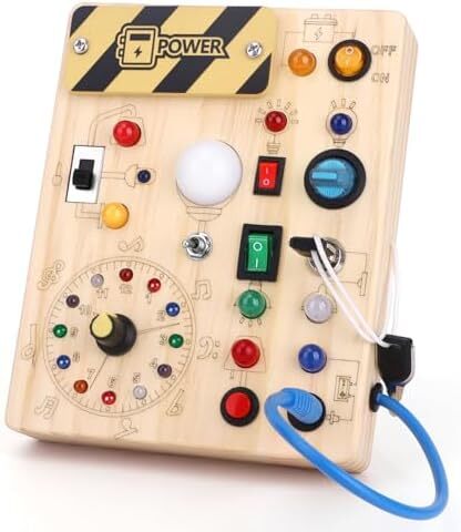 Hoarosall Montessori toys Clock Wooden Busy Board with 11 LED Light switches, Tooddler Toys Sensory Toys Travel Toys for 1+ Year Old Baby and Toddler Image