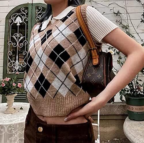جلیقه ژاکت بافتنی Hyipels Argyle زنانه Y2K لباس بافتنی چهارخانه مدل لباس بافتنی Preppy Style V یقه تاپ تانک دخترانه Image