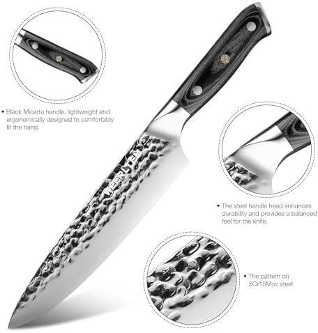 چاقوی سرآشپز WEERLTEM، چاقوی حرفه‌ای 8 اینچی با دست‌کوبی، چاقوی آشپزخانه ژاپنی با فولاد ضد زنگ کربن بالا و دسته میکارتا مشکی و جعبه هدیه.