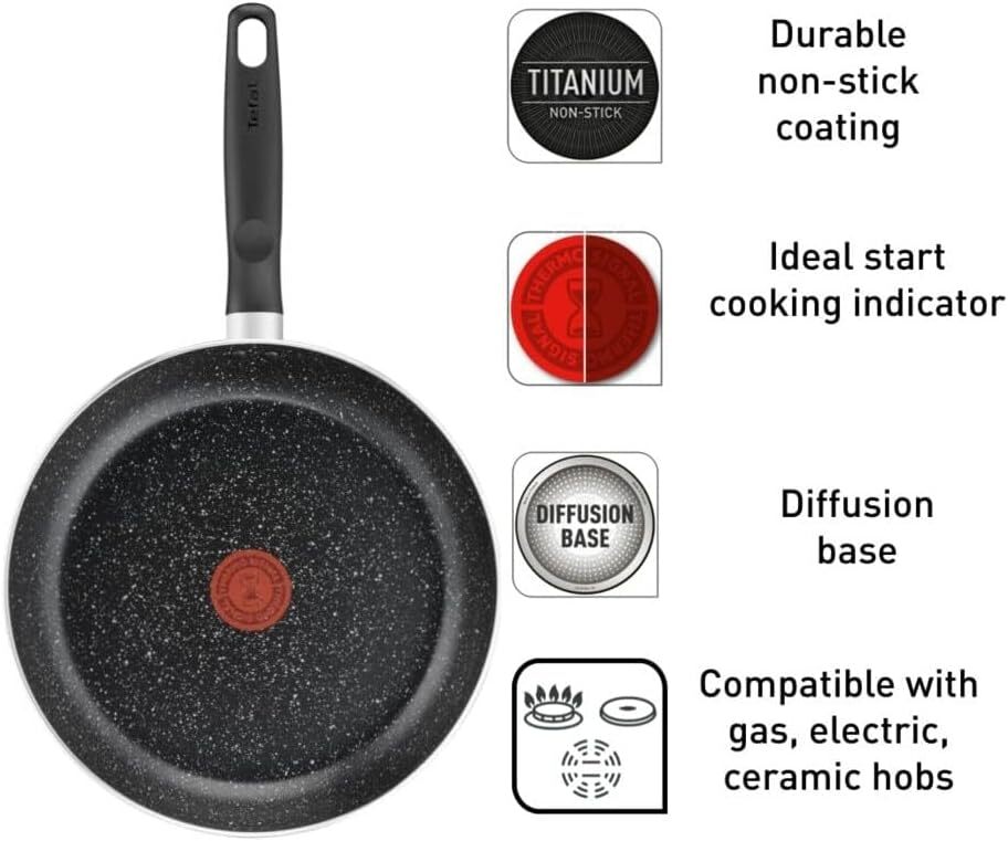 TEFAL Cookware Set | Dark Stone 11 pc Cooking set |Non-stick | Stewpots 22/24/28 cm, saucepan 16 cm, frypans 20/28 cm, slotted spatula | With Thermo Signal | Aluminium | 2 Year Warranty | B491BS85 Image