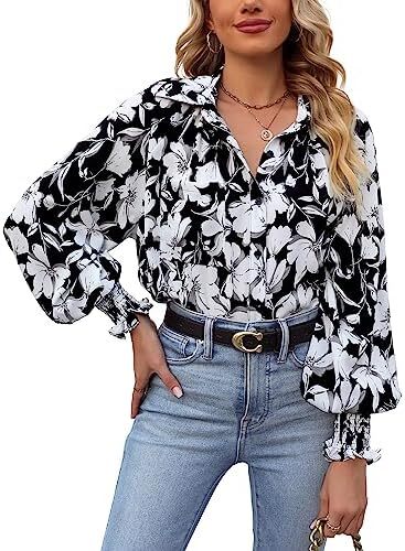 Prettywear زنانه دکمه دار پیراهن فانوس بلند پیراهن آستین بلند سایز بلوز گاه به گاه تاپ چکیده چاپ شده Image