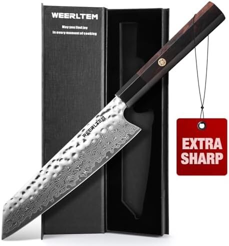 چاقوی سرآشپز WEERLTEM دمشق، ۸ اینچ چاقوی حرفه‌ای فولاد دمشقی VG10 ژاپنی کیریتسکه، چاقوی آشپزخانه فوق‌العاده تیز با ۶۷ لایه فولاد دمشقی دست‌ساز و دسته چوبی اَبنوس هشت‌گوش و جعبه هدیه Image