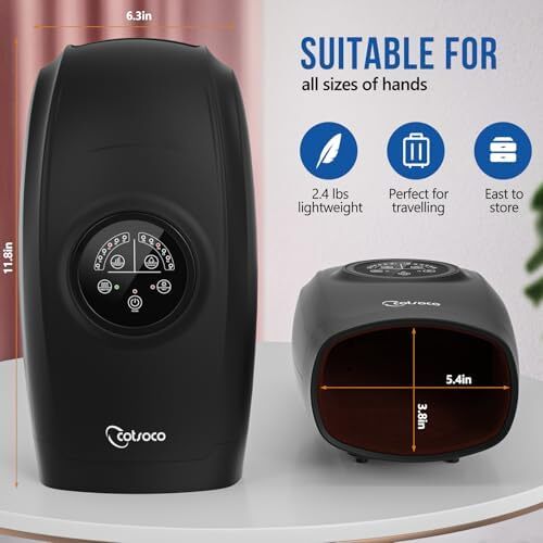 ماساژور برقی دستی با حرارت، دستگاه ماساژ انگشت بی‌سیم با 6 سطح برای درمان دست، ماساژور مچ برای تسکین درد آرتروز و تونل کارپ (مشکی) Image