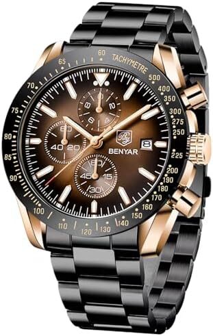 ساعت مچی مردانه BY BENYAR ساعت چند کاره کرونوگراف تاریخ کوارتز مردانه استیل ضد زنگ مشکی/بند چرم قهوه ای آنالوگ ساعت مچی هدیه برای مردان مشاغل معمولی Image