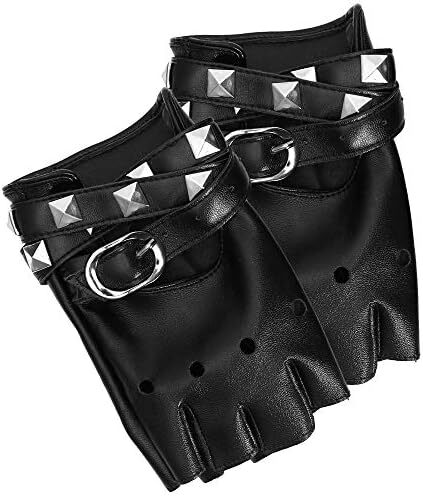 دستکش چرم مصنوعی بدون انگشت Skeleteen - دستکش پانک دوچرخه سواری مشکی با بسته شدن کمربند و طرح پرچ برای زنان و کودکان، مشکی، تک سایز Image