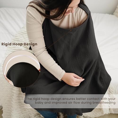 پوشش شیردهی کنسی موسلین برای شیردهی نوزاد، پوشش شیردهی ۱۰۰٪ نخی قابل تنفس با حلقه سخت برای پیشبند مادر، چادر چندمنظوره صندلی خودرو (مشکی) Image