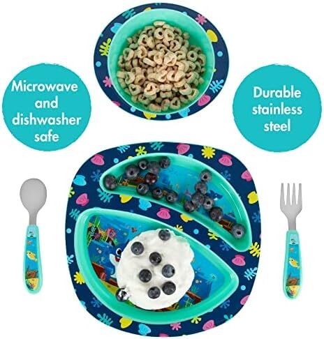 The First Years Baby Shark 4-Piece Toddler Mealtime Feeding Set with Dishwasher Safe Bowl, Plate, Fork & Spoon Image