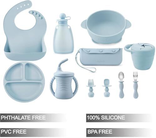 ست feeding سیلیکونی پاندا ایر | ۱۱ قطعه لوازم تغذیه خودکار | بشقاب و کاسه مکشی تقسیم شده، پیشبند، لیوان، کیسه غذای کودک، ظرف تنقلات، قاشق و چنگال، آبی