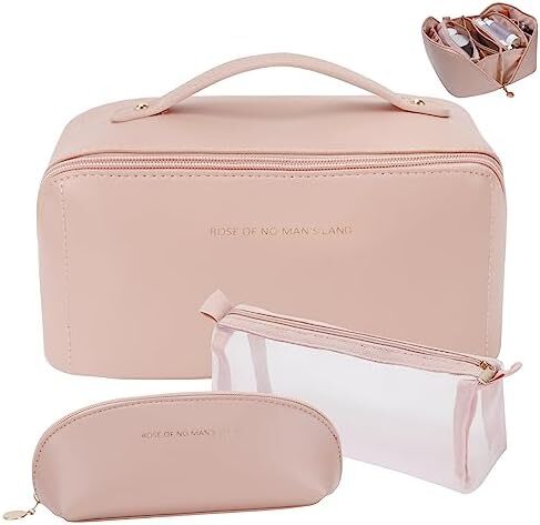 3 عدد کیف آرایش مسافرتی کیف لوازم آرایشی قابل حمل زنانه با ظرفیت بالا مجموعه کیف سازمان‌دهنده کیف آرایش تخت از 3 عدد کیف آرایشی ضد آب چرم PU با تقسیم‌کننده و دسته (صورتی) Image