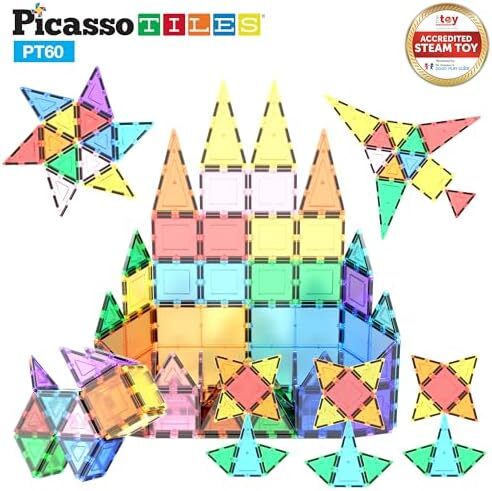 PicassoTiles 60 Piece Piece Magnet Tiles Building Clear Magnetic 3D Building Blocks Playboards - خلاقیت فراتر از تصور، الهام بخش، تفریحی، آموزشی، متعارف 60 Image