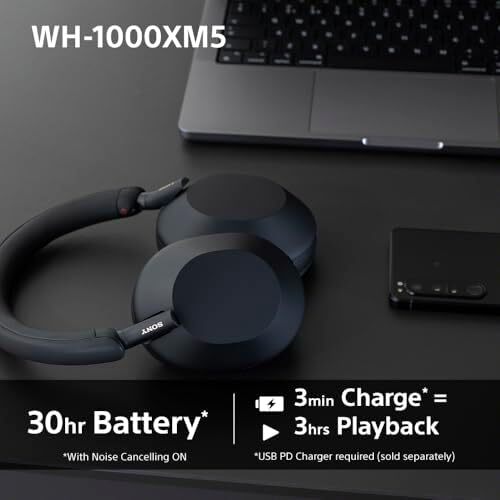 Sony WH 1000XM5 Noise Cancelling Wireless Headphones 30 hours battery life Over ear style Optimised for Alexa and the Google Assistant with built in mic for phone calls Silver, One Size Image