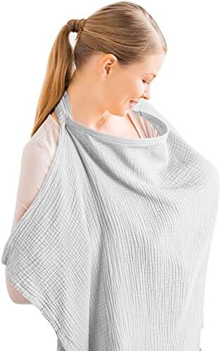 پوشش شیردهی کنسی موسلین برای شیردهی نوزاد، پوشش شیردهی ۱۰۰٪ پنبه‌ای قابل تنفس با حلقه سخت برای پیشبند شیردهی مادر، چتر صندلی خودرو چندمنظوره (خاکستری) (BRJ06) Image