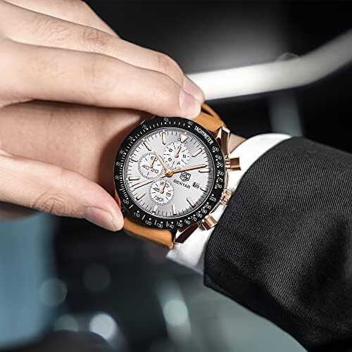 ساعت مچی مردانه BY BENYAR ساعت چند کاره کرونوگراف تاریخ کوارتز مردانه استیل ضد زنگ مشکی/بند چرم قهوه ای آنالوگ ساعت مچی هدیه برای مردان مشاغل معمولی Image