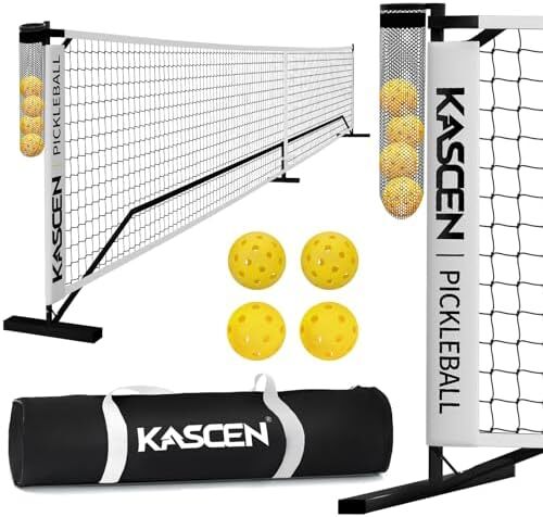 توری قابل حمل KASCEN Pickleball با چرخ - 22FT USAPA سایز تنظیمی توری Pickleball برای Driveway با نگهدارنده توپ، 4 Pickleball، کیف حمل برای فضای بیرونی سیاه سفید