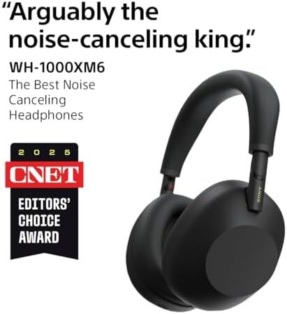 هدفون بی‌سیم سونی WH-1000XM6 بهترین هدفون‌های حذف نویز، پردازنده NC HD QN3، ۱۲ میکروفن، بهینه‌ساز NC تطبیقی، طراحی شده توسط مهندسان، کیفیت استودیو، باتری ۳۰ ساعته، مشکی Image
