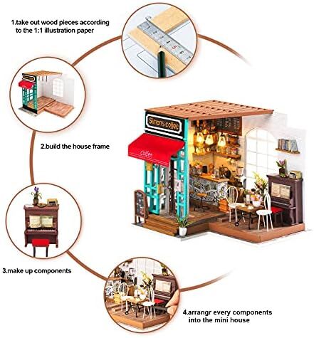 صنایع دستی مینی خانه چوبی Rolife-مدل کیت های DIY با مبلمان و لوازم جانبی- کیت ساخت و ساز دست ساز-ست پلی ست چوبی-بهترین تولد برای پسران و دختران (کافی شاپ 09)، یک سایز Image