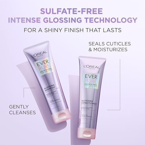 شامپو براق کننده، نرم کننده و کیت درمان بدون سولفات L'OREAL PARIS EverPure، با pH متعادل، تشدید کننده درخشندگی، ضد محو شدن، فیلتر UV، روغن آرگان، گیاهی، بدون پارابن، بدون رنگ، بدون گلوتن، کیت 1 Image