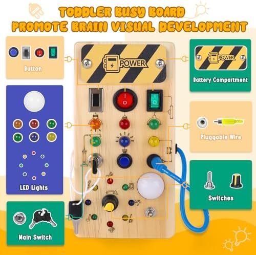 Hoarosall montessori toddler busy board, baby wooden busy board with 8 LED light switches, sensory toys light switch toys travel toys for 1+ year old baby and toddler