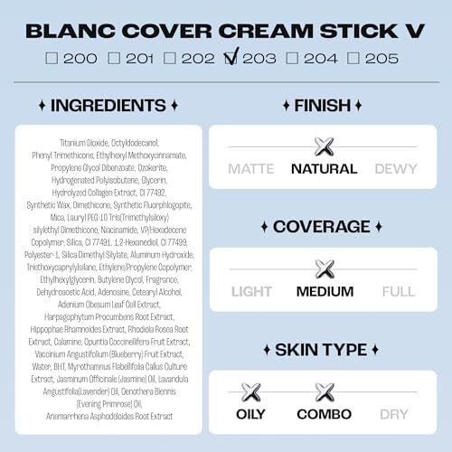 کرم استیک بلانک کاور V سفید - استیک فاندیشن تغییر رنگ کره‌ای با ولوفیلین - پایه آرایشی با پوشش متوسط تا کامل و جلوه درخشان - دو سر با برس جداشدنی (203 متوسط، 0.45 اونس) Image