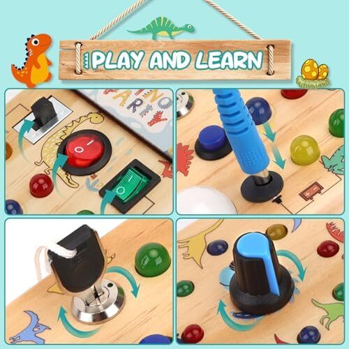 Hoarosall Dinosaur Busy Board with 8 LED Light switches, Toddler Montessori Busy Board, Light Switch Toys Sensory Toys Montessori Toys for 1+ Year Old Baby,Toddler,boy, Blue Image