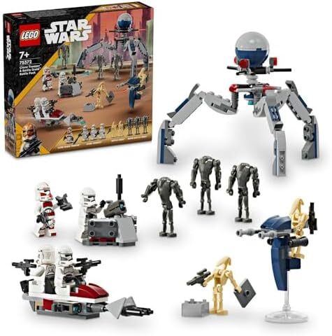 LEGO Star Wars Clone Trooper & Battle Droid Pack Battle Building Toys for Children with Speeder Bike Vehicle, 4 Minifigure and 5 Figure, هدایایی برای پسران و دختران 7 سال به علاوه 75372