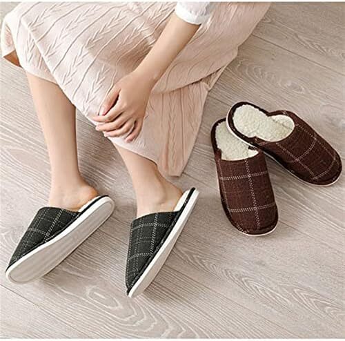 KIZQYN دمپایی خانگی نخی به سبک ژاپنی دمپایی داخلی چهارخانه مردانه دمپایی زیر ضخیم گرم زمستانی دمپایی بدون لغزش کفش خانگی (رنگ: قهوه ای2، سایز کفش: XL(مناسب 39-40)) Image