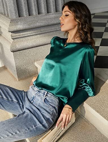 بلوز ساتن زنانه شیگانت پیراهن ابریشمی آستین بلند یقه خدمه تاپ تونیک کاری تجاری Image