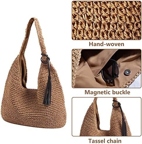 کیف دستی حصیری با ظرفیت بزرگ Aktudy، کیف دستی شانه ای توخالی برای زنان کیف ساحلی مسافرتی تابستانی Image