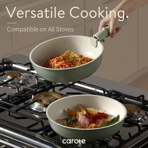 ست قابلمه و تابه CAROTE، ست ظروف نچسب با دسته جداشونده، ۱۵ تکه ست ظروف آشپزخانه القایی نچسب با دسته قابل جدا شدن، ست ظروف RV، مقاوم در برابر فر، سبز مریم گلی Image