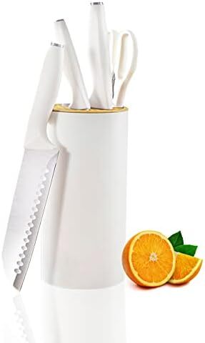 ست چاقو آشپزخانه FTNESGYM، شامل ۵ عدد چاقوی استیل ضد زنگ با بلوک، چاقوی سفید با کربن بالا و دسته ارگونومیک برای خرد کردن، برش، تکه‌تکه کردن و پوست‌کنی (سفید)