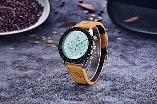 ساعت مچی مردانه BY BENYAR ساعت چند کاره کرونوگراف تاریخ کوارتز مردانه استیل ضد زنگ مشکی/بند چرم قهوه ای آنالوگ ساعت مچی هدیه برای مردان مشاغل معمولی Image