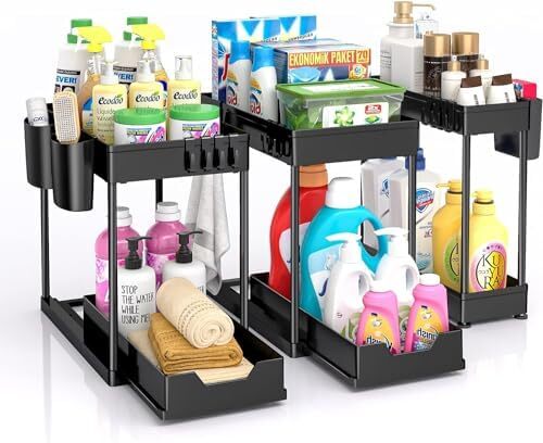 رک های ذخیره سازی 3 تکه SKY-TOUCH، رک ذخیره سازی دو لایه کشویی، سازماندهی زیر سینک، سازماندهی زیر کابینت حمام با دو کشو، ذخیره سازی آشپزخانه با قلاب، ابعاد 15.6 * 8.6 * 13.2 سانتی‌متر، رنگ مشکی Image